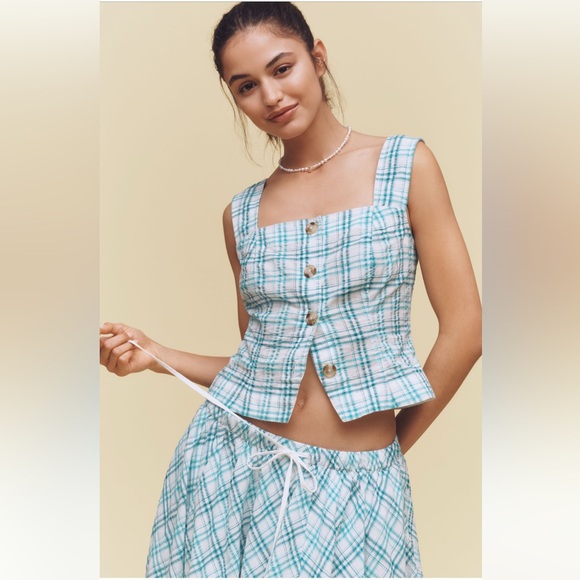 Anthropologie Maeve Plaid Skirt Set Tank + Midi Teal Green Blue Size M NWT - Picture 4 of 14
